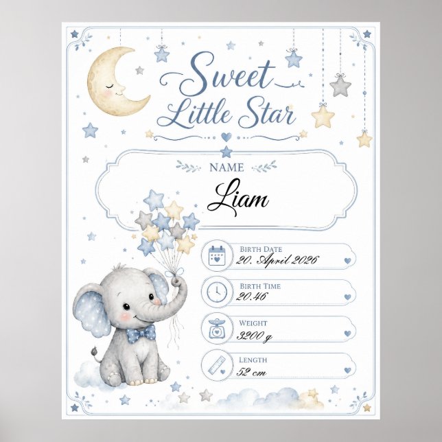 Póster Personalisierbare Baby Geburtstafel mit Elefant  (Frente)