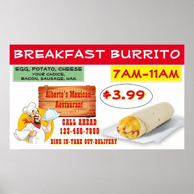 Póster Personaliza Burrito de Desayuno de Restaurante Mex (Frente)