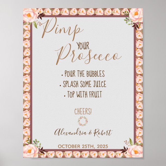 Póster Personaliza tu Prosecco con Marco Floral Rosa Boda (Frente)