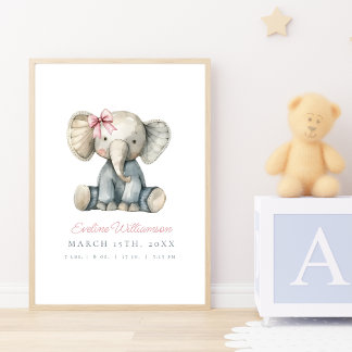 Póster Personalizable acuarela azul bebé elefante Nursera