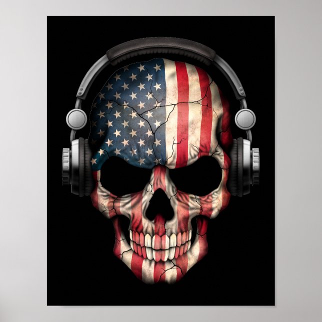 Póster Personalizable Americano Dj Skull con audífonos (Frente)