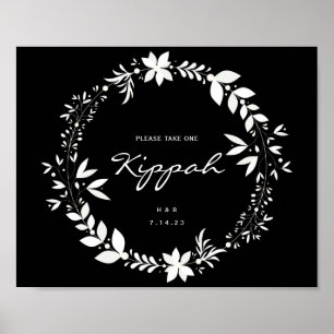 Póster Personalizable Kippah Boda Rótulo, blanco y negro