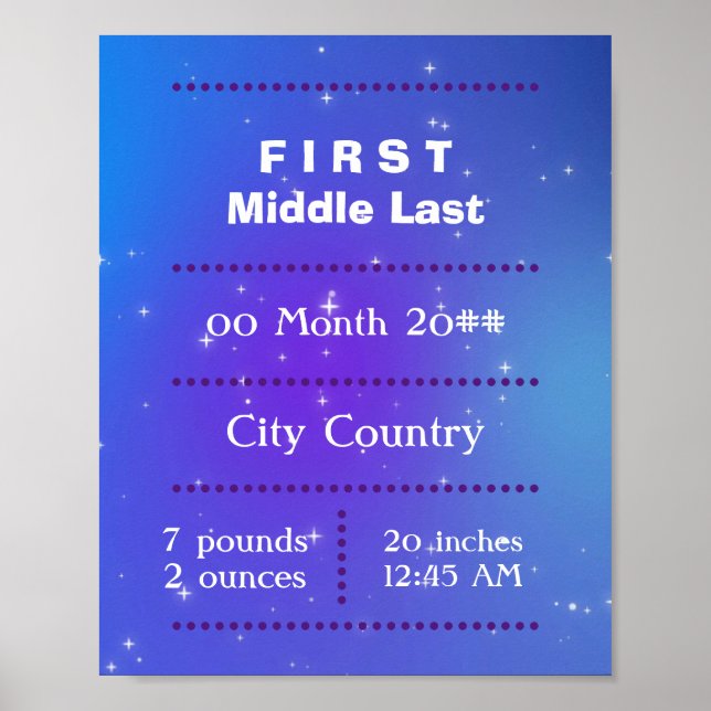 Póster Personalizable recién nacido bebé morado azul (Frente)