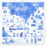 Póster Personalización de la acuarela griega de Santorini<br><div class="desc">Paisaje urbano azul y blanco basado en Oia,  en la isla griega de Santorini. Arte original de Nic Squirrell. Cambie el nombre a personalizar.</div>