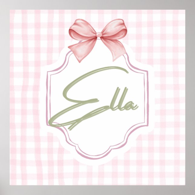 Póster Personalizada Ella Niña Bebé Nursery Bow&Gingham (Frente)