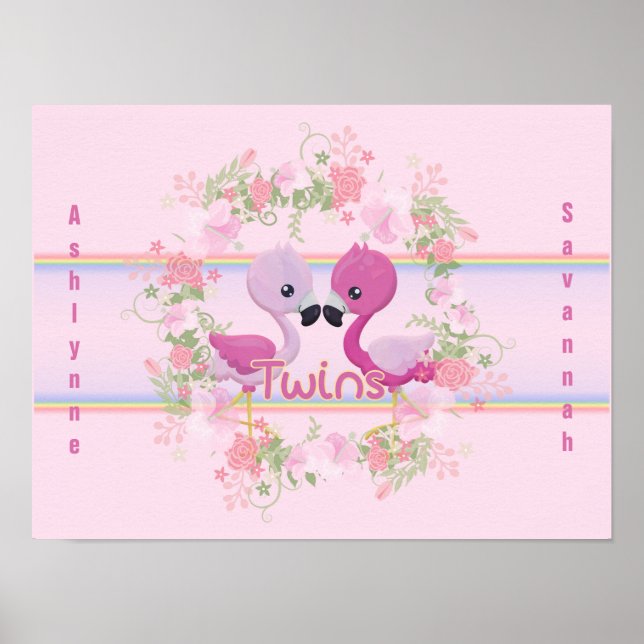 Póster Personalizado Baby Shower de mellizos Flamingo ros (Frente)