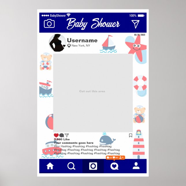 Póster Personalizado Baby Shower Selfie Frame Marino (Frente)