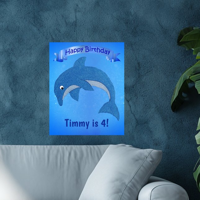 Póster Personalizado Blue Jumping Dolphin Ribbon Kids Cum (Fun jumping sparkle like blue dolphin on kids Happy Birthday poster decoration.)