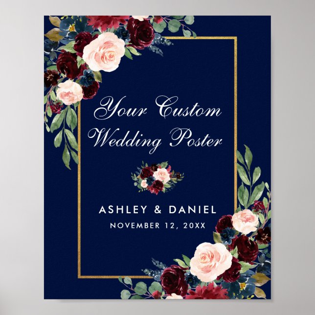 Póster Personalizado Boda Floral Blue Burgundy Gold (Frente)