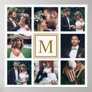 Póster Personalizado Collage 8 Boda Foto Monograma dorado