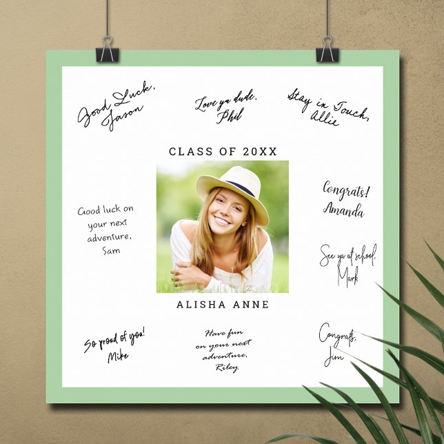 Póster PERSONALIZADO COLOR Foto Graduación Mensaje de fir (Graduation autograph poster with your photo and light green border, INSTANT DOWNLOAD and/or PRINTED)