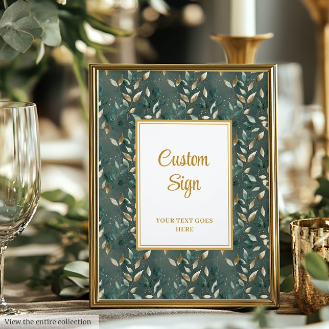 Póster Personalizado de Boda del follaje de oro verde de  (Trendy Hunter Green Gold Foliage Wedding Custom Poster)