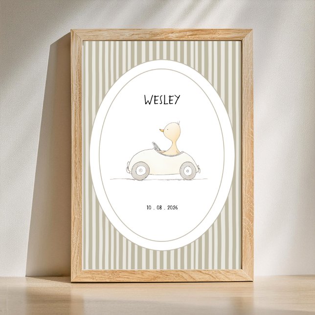 Póster personalizado de coche de carreras de pato  (Personalize Name and Date of this Cute Animal Nursery poster )