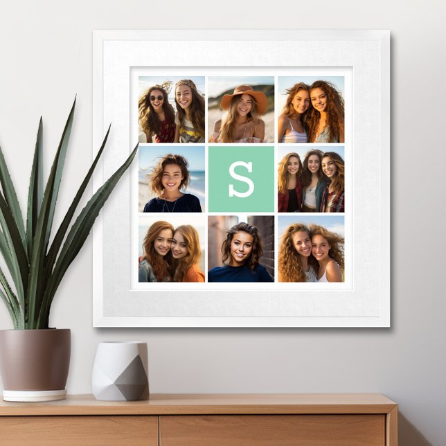 Póster Personalizado de collage de fotos Monograma Mint V (Personalized Wall Art with a Photo Collage and Monogram)
