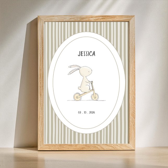 Póster personalizado de conejito lindo para la gua (Customize name and date newborn baby nursery poster with sage green stripes.)