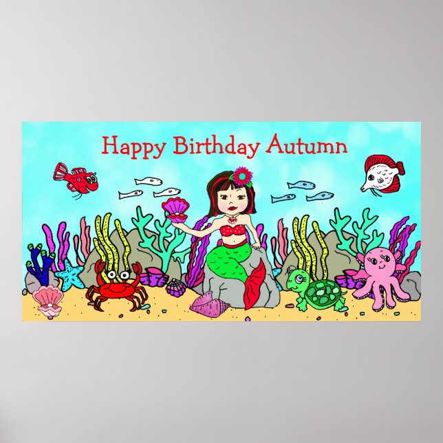 Póster personalizado de cumpleaños de sirena feliz (Frente)