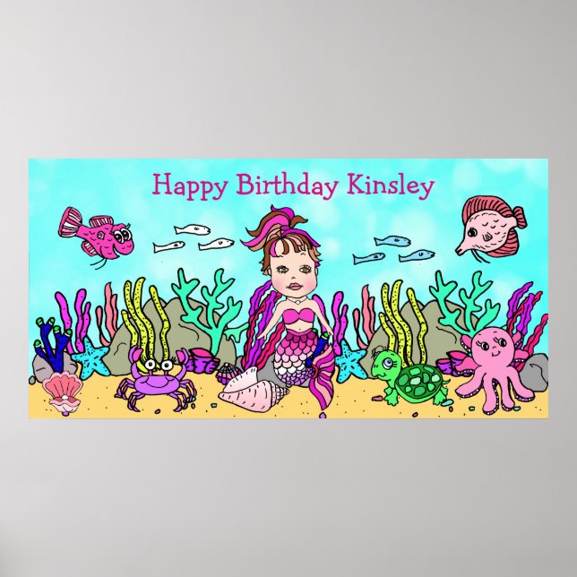 Póster personalizado de cumpleaños de sirena feliz (Frente)