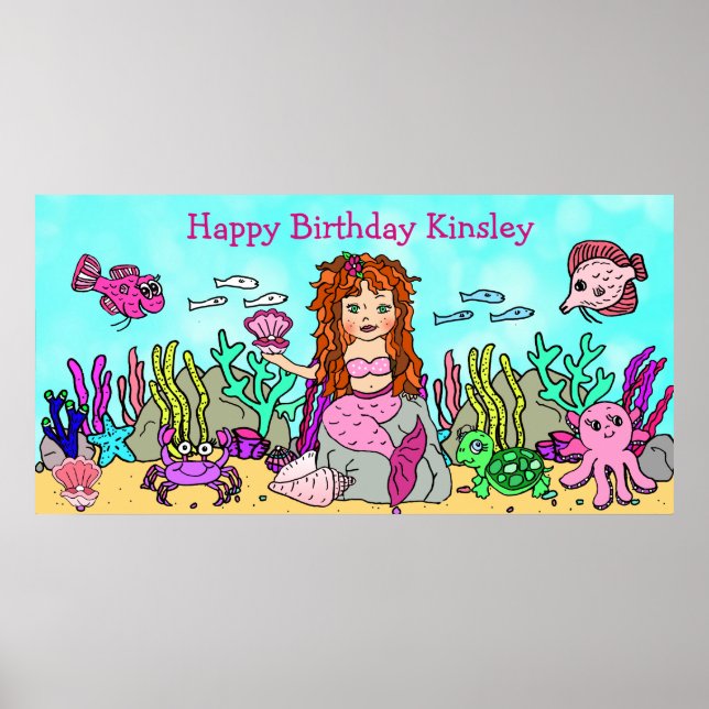Póster personalizado de cumpleaños de sirena feliz (Frente)
