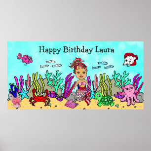 Póster personalizado de cumpleaños feliz de sirena