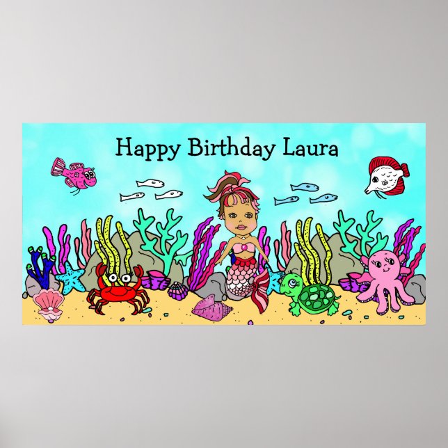 Póster personalizado de cumpleaños feliz de sirena (Frente)