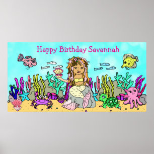 Póster personalizado de cumpleaños feliz de sirena