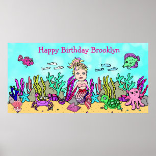 Póster personalizado de cumpleaños feliz de sirena