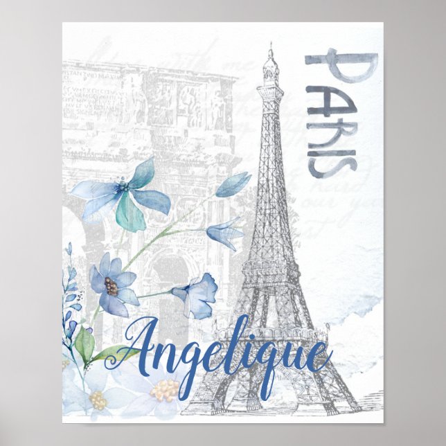 Póster Personalizado de Escena de París y Flores Azules (Frente)