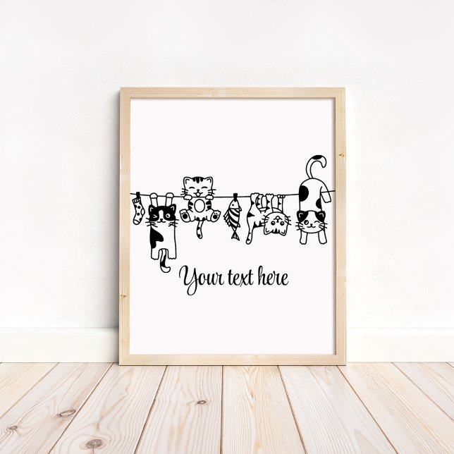 Póster Personalizado de gatitos colgantes negros y blanco (Black and White Cute Hanging Kittens Custom Poster in a neutral wooden frame)
