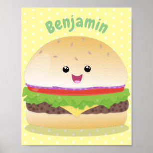 Póster Personalizado de hamburguesa kawaii feliz