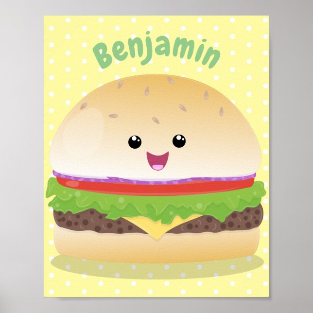 Póster Personalizado de hamburguesa kawaii feliz (Frente)