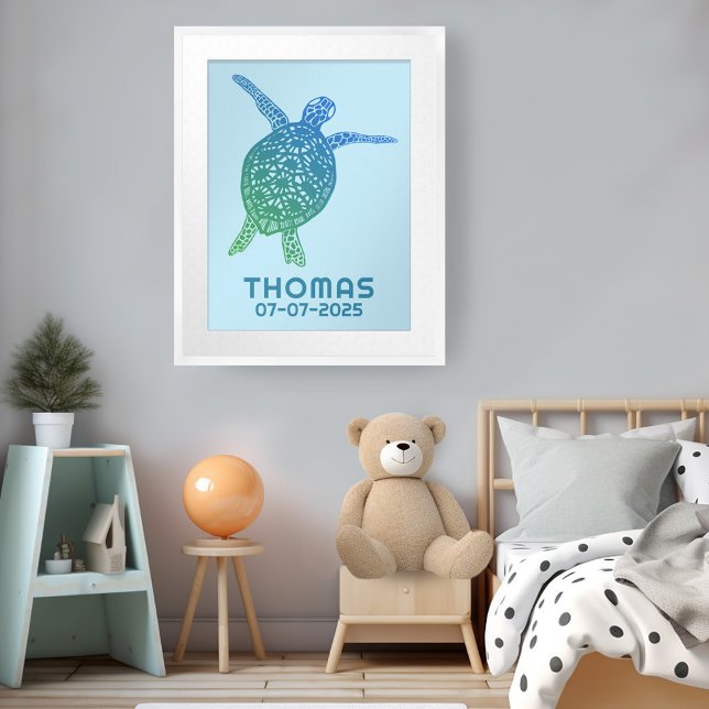 Póster Personalizado de la tortuga marina de mar de Cute  (Cute Sea Turtle CUSTOM BABY NAME BIRTHDAY Art Poster
Green Blue)