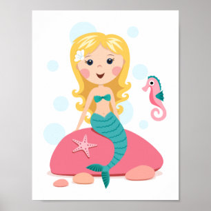 Póster Personalizado de sirena rubia chica con caballito