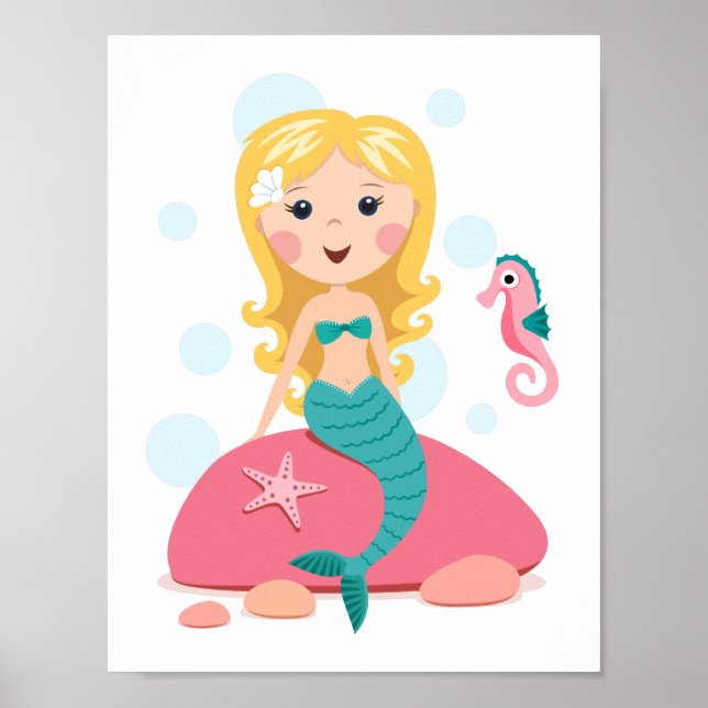 Póster Personalizado de sirena rubia chica con caballito  (Frente)