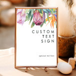 Póster Personalizado de Tarjetas Florales Tropicales y Re<br><div class="desc">Este colorido poster personalizado de tarjetas florales tropicales y regalos es perfecto para su moderno destino boho boda verde, morado y melocotón. El diseño cuenta con un elegante ramo de flores y vegetación clásica de color agua de la playa, que incluye eucalipto verde salado, protea roja y malva, hibiscos rosas...</div>
