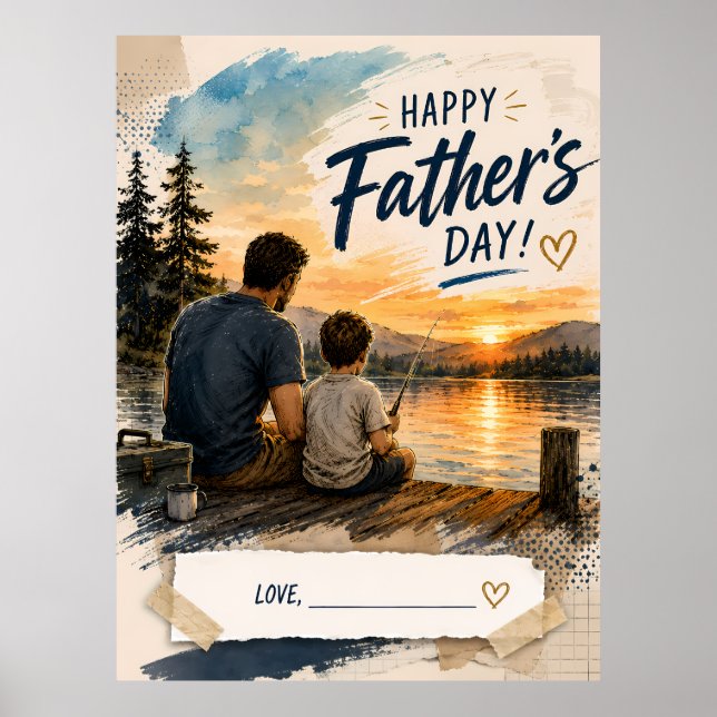 Póster personalizado del atardecer de pesca padre  (Frente)