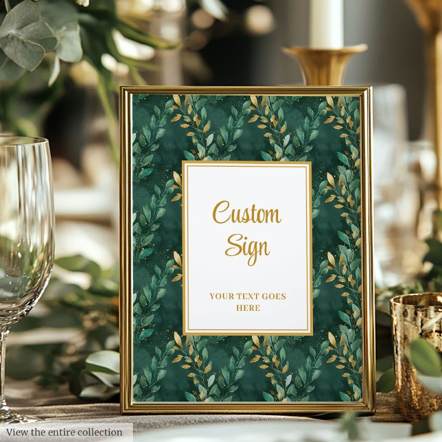 Póster Personalizado del Boda Hunter Green Gold Greenery (Bold Hunter Green Gold Greenery Wedding Custom Sign)