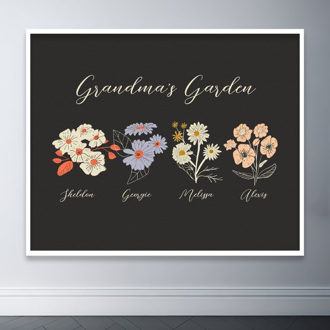 Póster Personalizado del jardín de flores de la abuela 4  (grandma flower garden grandkids name floral poster)
