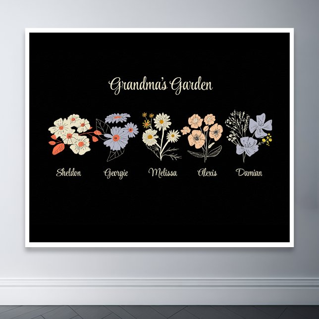 Póster Personalizado del jardín de flores de la abuela 5  (grandma flower garden with grandkids name floral poster)