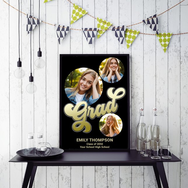 Póster Personalizado del Rótulo del Partido de la Graduac (Graduation party photo poster with gold retro style calligraphy)