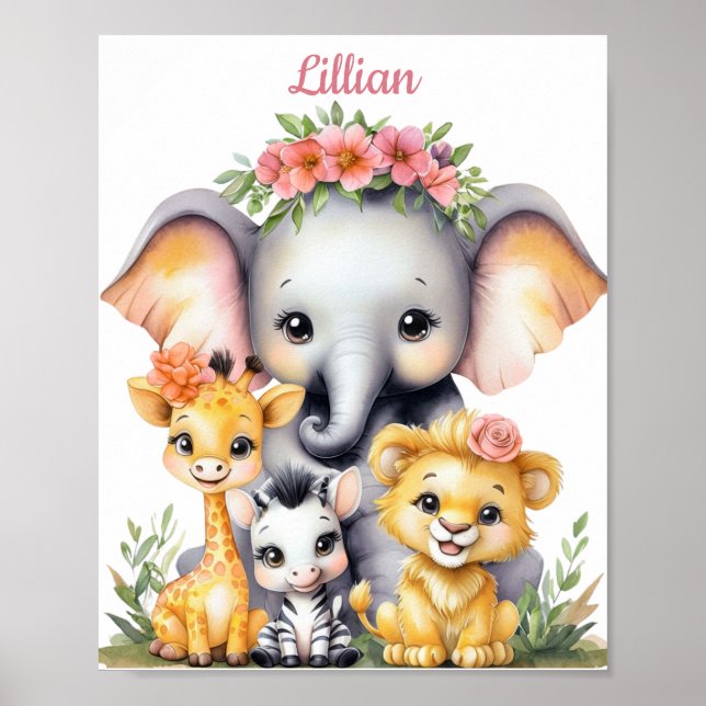 Póster Personalizado Elegant Safari Nursery Baby Animal (Frente)