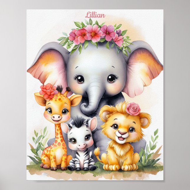 Póster Personalizado Elegant Safari Nursery Baby Animal (Frente)
