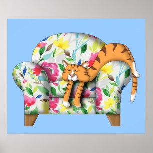 Póster Personalizado Kitty durmiendo en una silla floral