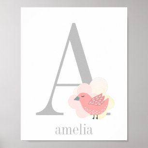 Póster Personalizado Monograma Nombre Chica de pájaro Ros