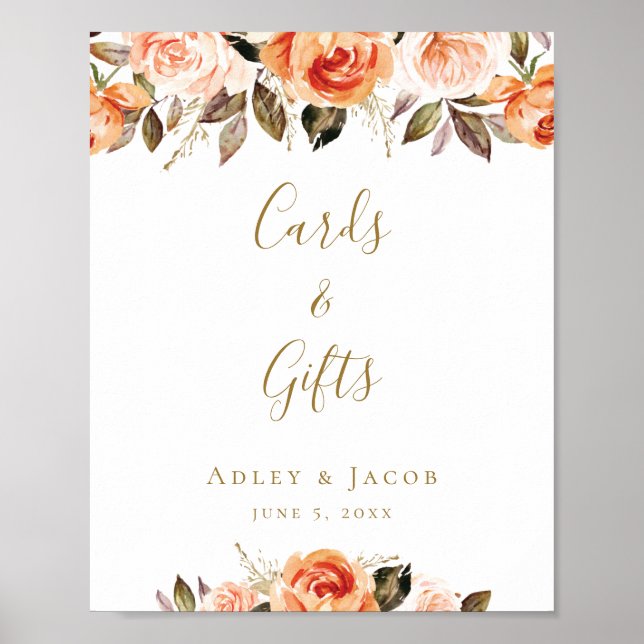 Póster Personalizado Naranja Floral Boda Rótulo (Frente)