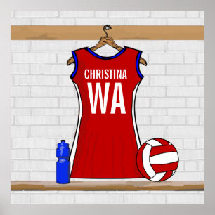 Póster Personalizado Netball Uniforme rojo con azul y bla