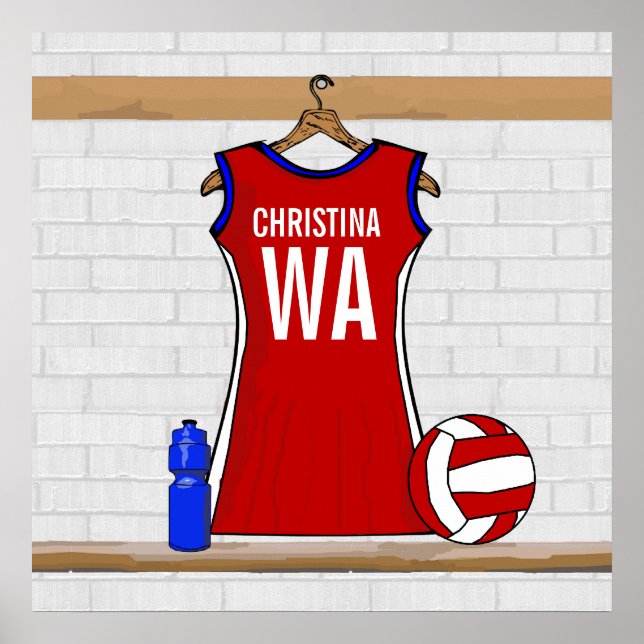 Póster Personalizado Netball Uniforme rojo con azul y bla (Frente)
