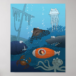 Póster Personalizado Niño Submarino Peces Submarinos