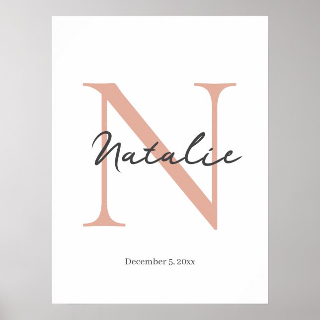 Póster Personalizado Nombre del bebé inicial y fecha de n (Frente)