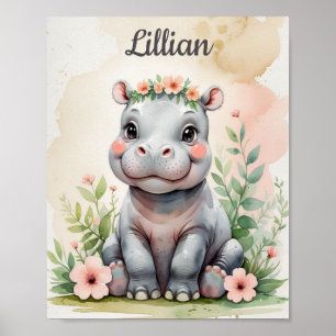 Póster Personalizado Safari Watercolor Bebé Hippo Chicas 