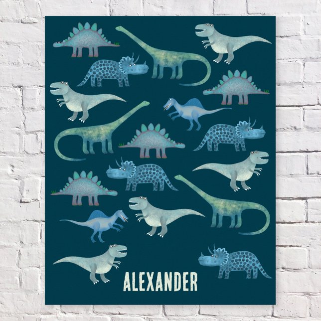 Póster Personalizado verde dinosaurio (Fun personalized custom name dinosaur poster for kid's parties, nursery, bedroom and more)